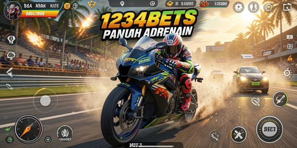 Screenshot gameplay 1234BETS menampilkan balapan motor yang intens.