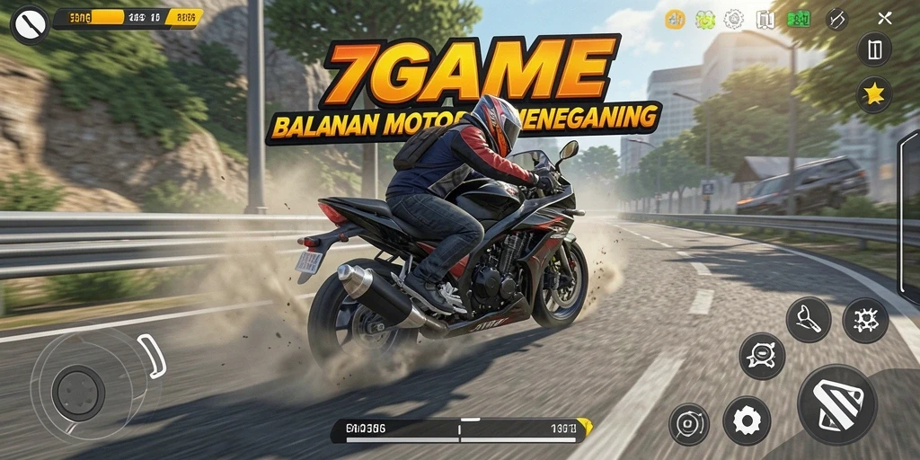 Screenshot gameplay 7GAME dengan aksi balapan motor yang mendebarkan.