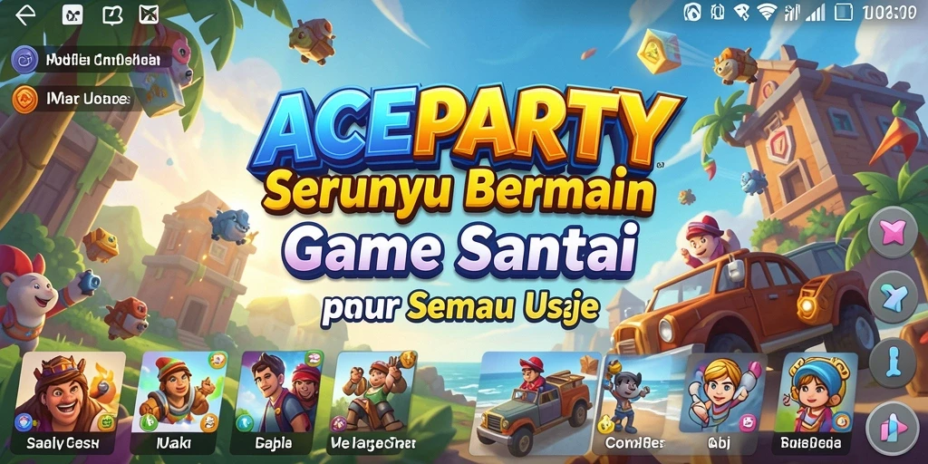 Screenshot menampilkan gameplay seru ACEPARTY dengan karakter berwarna-warni.