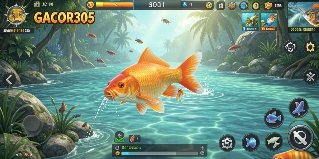 Tampilan gameplay GACOR305 dengan aktivitas memancing yang intens.
