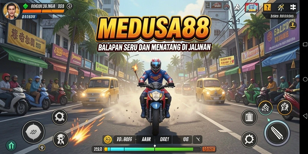 Menampilkan gameplay seru balapan di MEDUSA88 dengan berbagai jenis kendaraan.