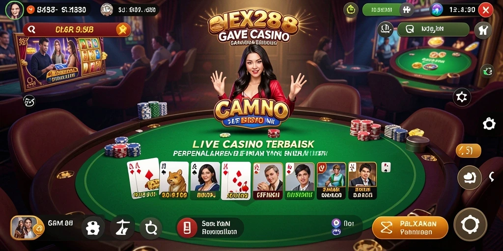 Screenshot gameplay Live Casino NEX288 dengan dealer dan pemain berinteraksi.