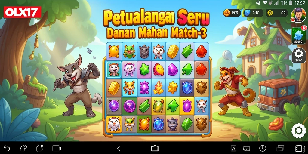 Screenshot utama OLX17 menampilkan pemain mencocokkan buah-buahan yang berwarna-warni.