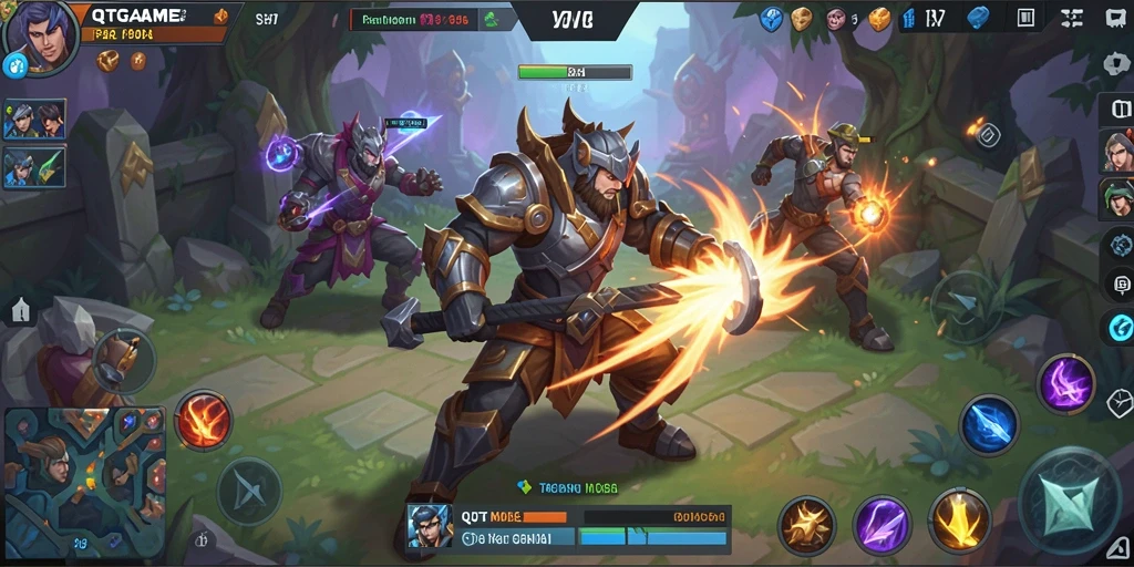 Gambar memperlihatkan aksi pertarungan hero QTGAME di arena MOBA.