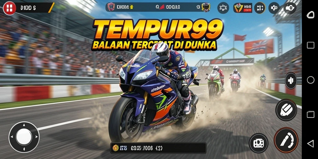Screenshot gameplay TEMPUR99 menunjukkan aksi balap motor yang mendebarkan.